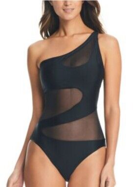 Bar III Women's One-Shoulder Mesh Cutout Swimsuit New Medium Black